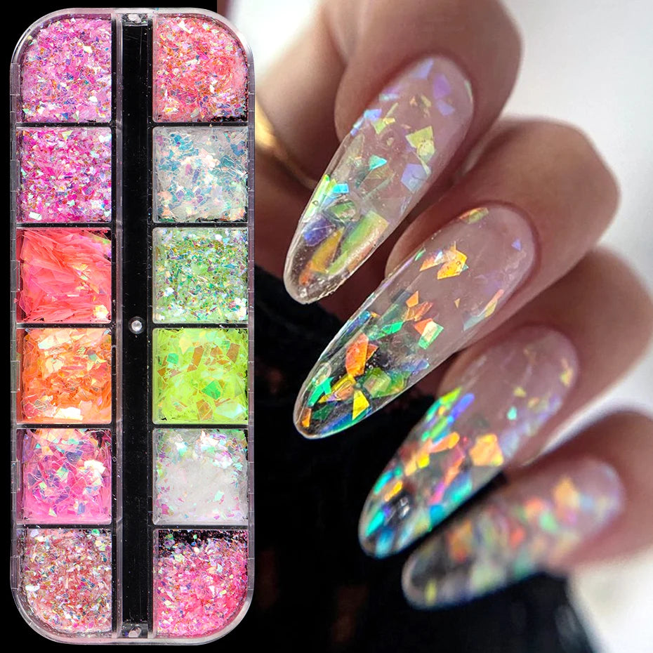 Mermaid Crystal Glitter Nail Art Palette Shimmering Iridescent Magic in Every Stroke 12 Grids Aurora