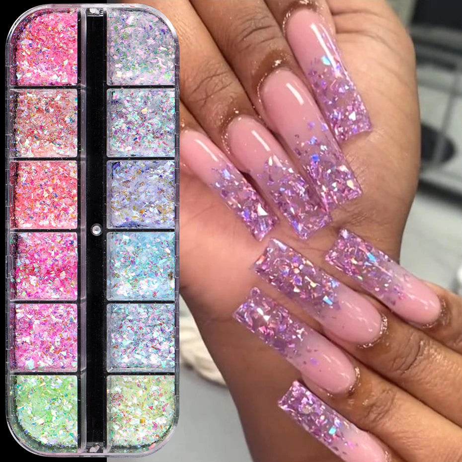 Mermaid Crystal Glitter Nail Art Palette Shimmering Iridescent Magic in Every Stroke 12 Grids Aurora