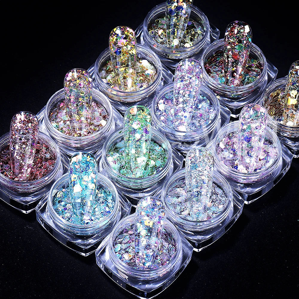 Prismatic Hex Flake Nails Chunky Holographic Glitter for a Dazzling Finish 12 colors
