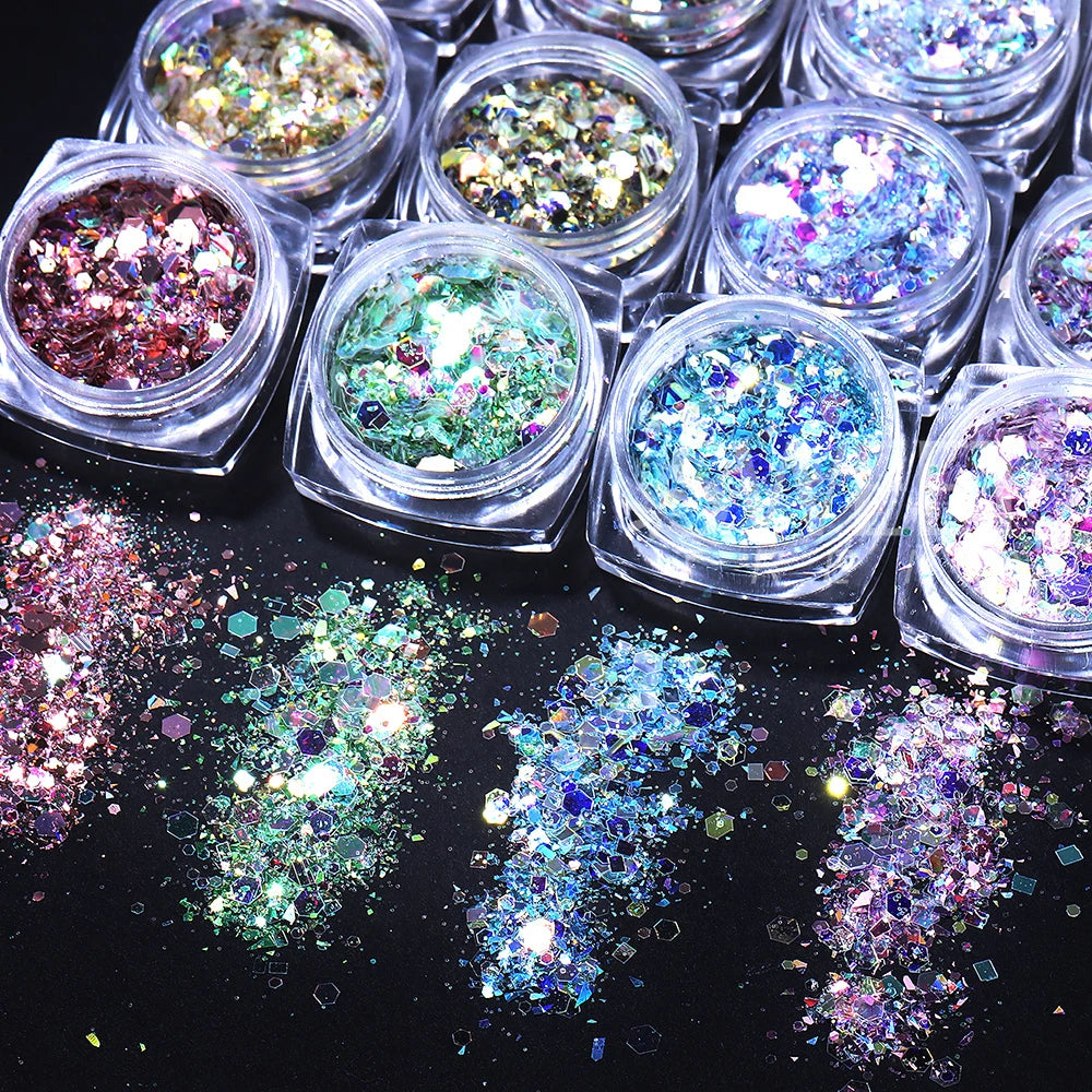 Prismatic Hex Flake Nails Chunky Holographic Glitter for a Dazzling Finish 12 colors