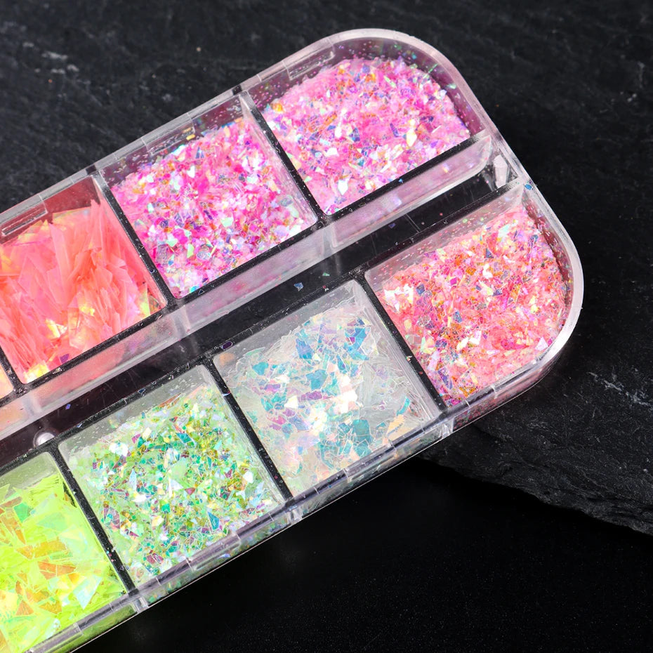 Mermaid Crystal Glitter Nail Art Palette Shimmering Iridescent Magic in Every Stroke 12 Grids Aurora