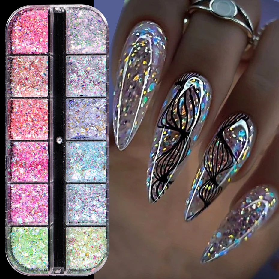 Mermaid Crystal Glitter Nail Art Palette Shimmering Iridescent Magic in Every Stroke 12 Grids Aurora