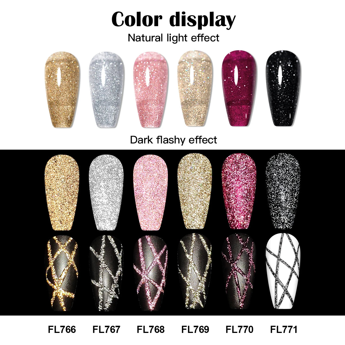 Luminous Reflective Glitter Nail Gel Gold & Silver Sparkle Finish Painting Gel