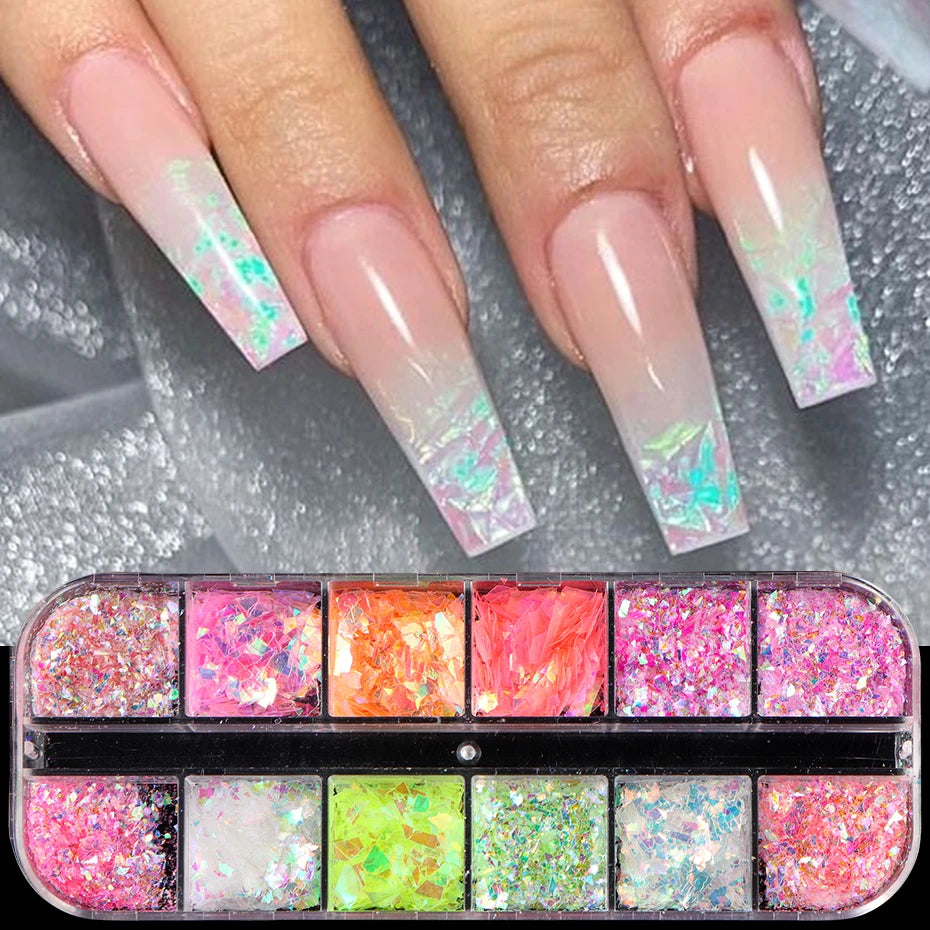 Mermaid Crystal Glitter Nail Art Palette Shimmering Iridescent Magic in Every Stroke 12 Grids Aurora