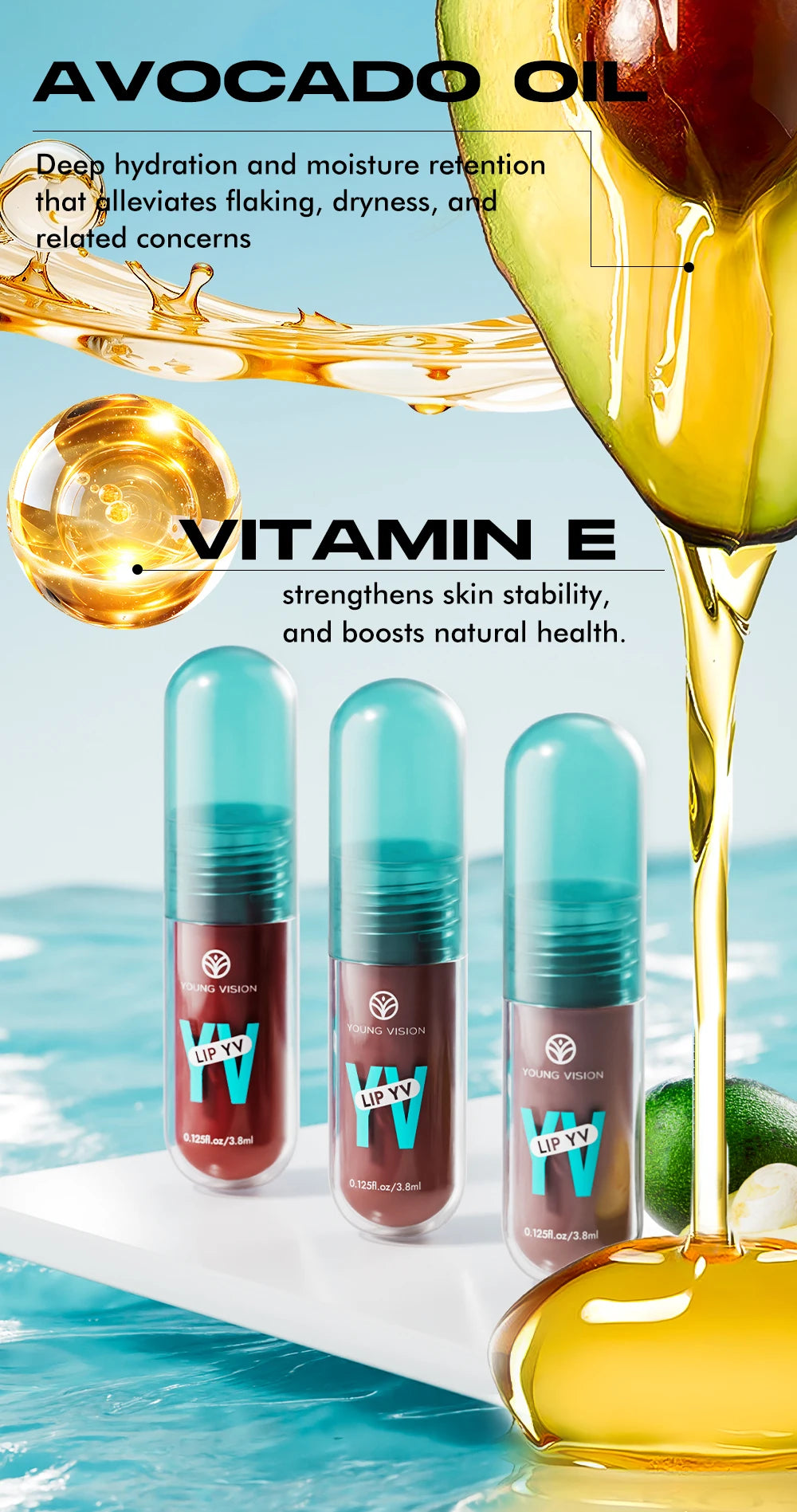 Avocado & Vitamin E Infused Long Lasting Hydration Lip Gloss Deep Moisture All-Day Lock in Glam