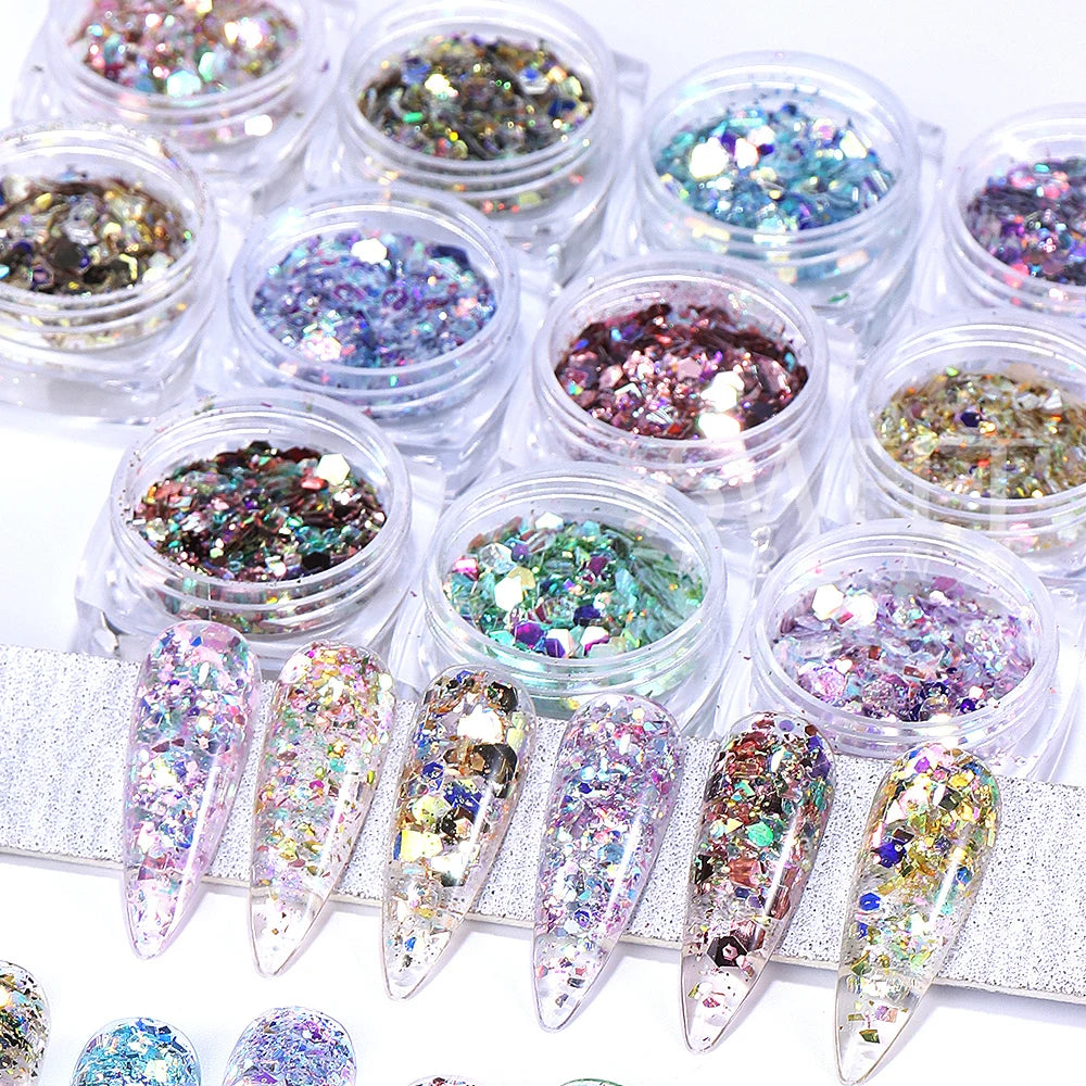 Prismatic Hex Flake Nails Chunky Holographic Glitter for a Dazzling Finish 12 colors