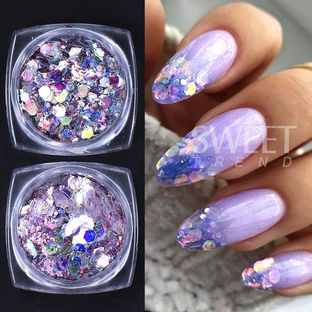 Prismatic Hex Flake Nails Chunky Holographic Glitter for a Dazzling Finish 12 colors