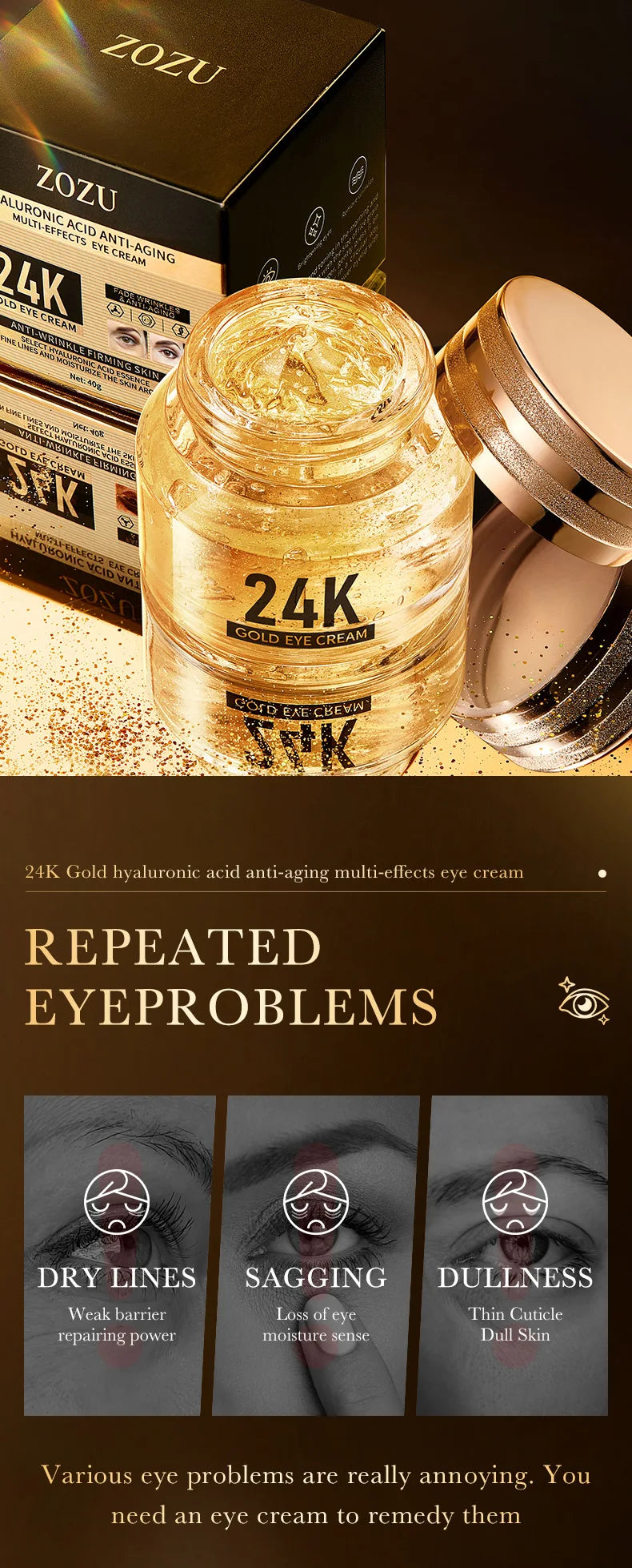 24K Gold Hyaluronic Eye Cream – Erase Dark Circles & Bags, Lift & Firm Skin + Deep Hydration for Youthful Eyes
