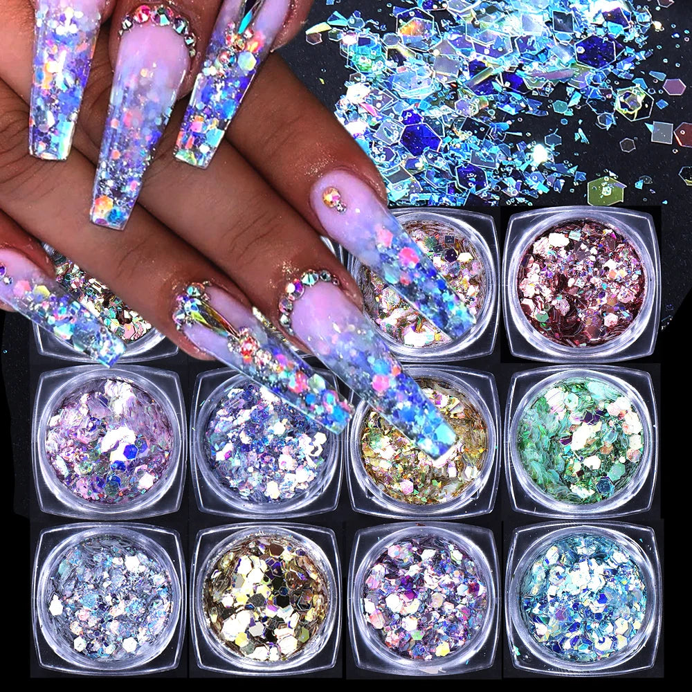 Prismatic Hex Flake Nails Chunky Holographic Glitter for a Dazzling Finish 12 colors